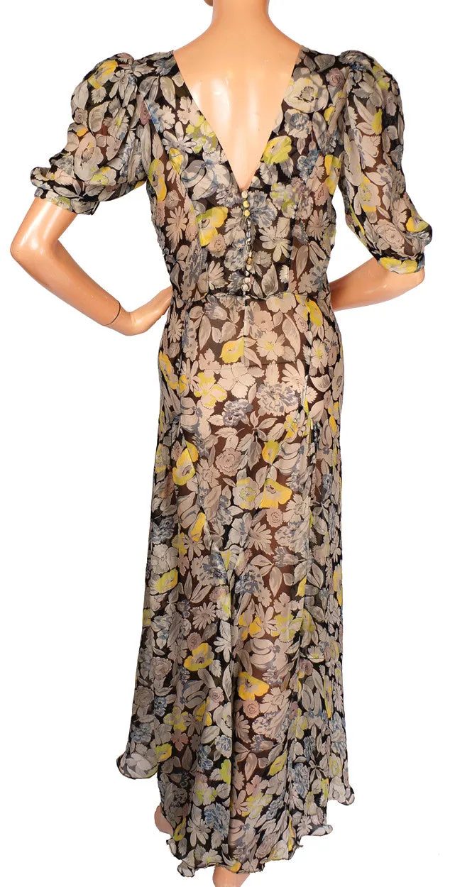 Vintage 1930s Silk Chiffon Dress - Floral Print