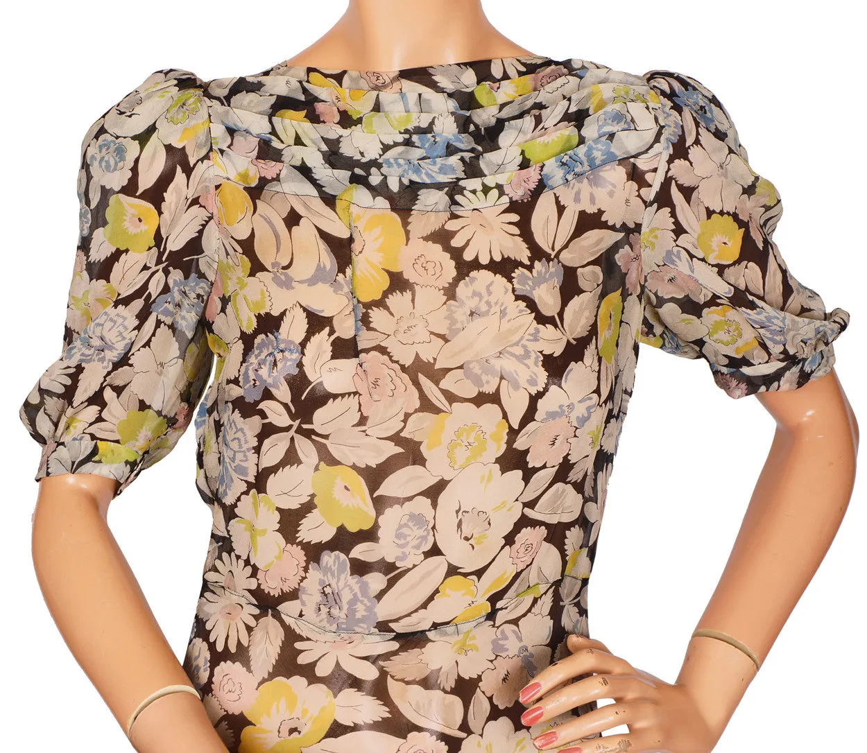 Vintage 1930s Silk Chiffon Dress - Floral Print