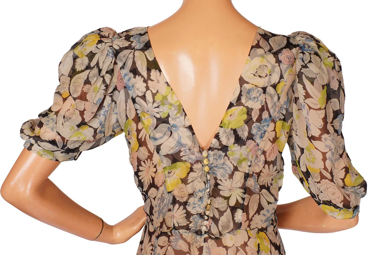 Vintage 1930s Silk Chiffon Dress - Floral Print
