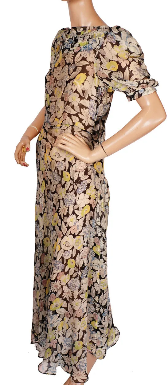 Vintage 1930s Silk Chiffon Dress - Floral Print