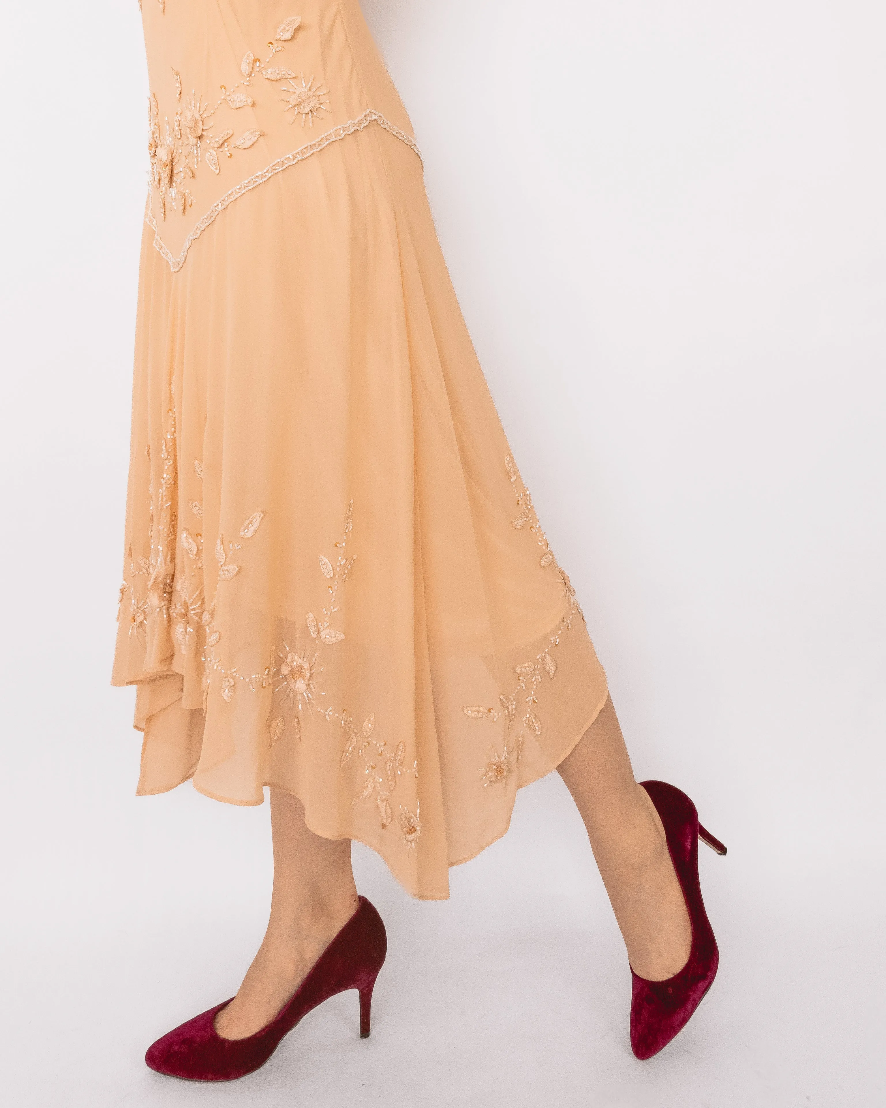 Vintage Beaded Flapper Midi Dress Cream