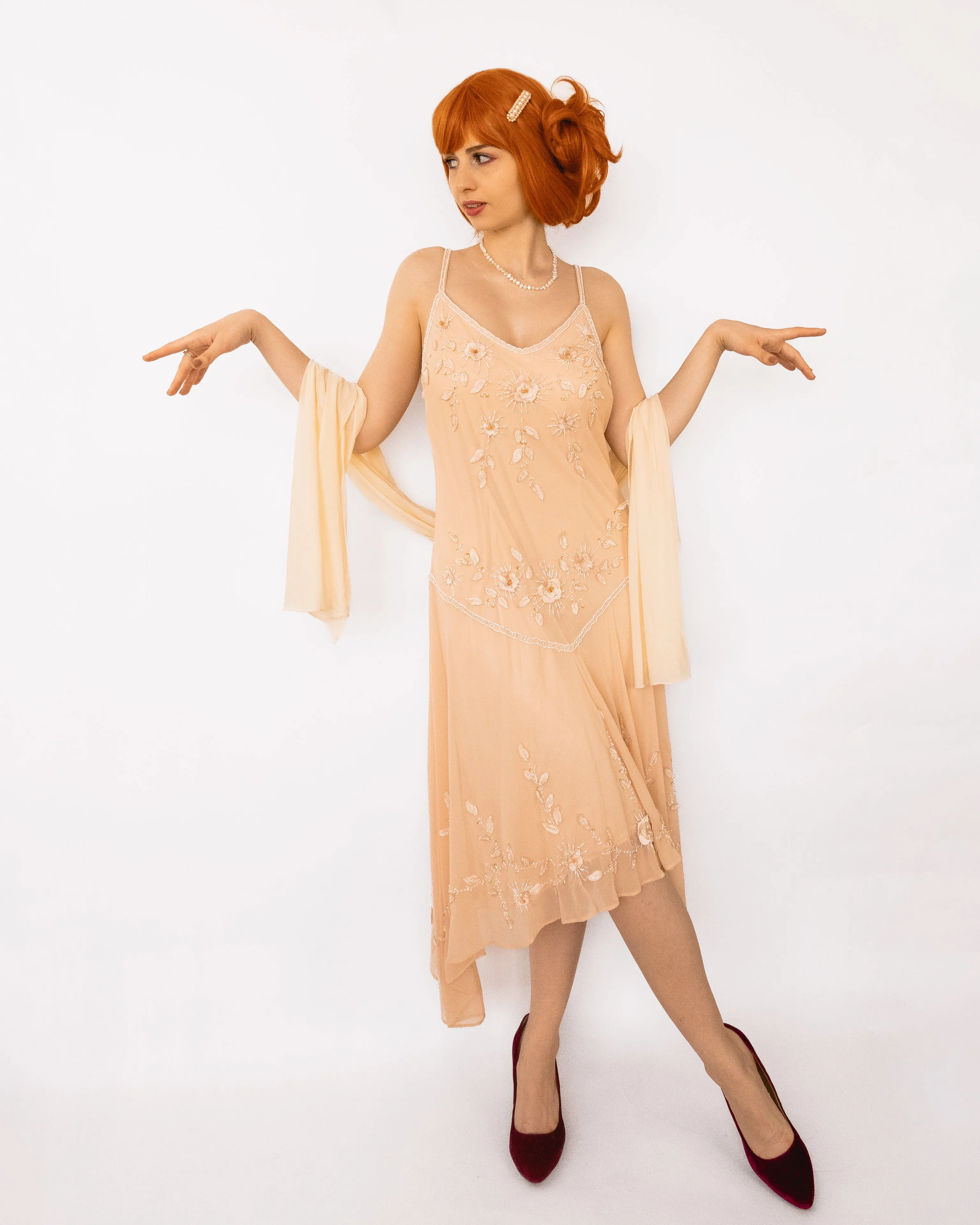 Vintage Beaded Flapper Midi Dress Cream