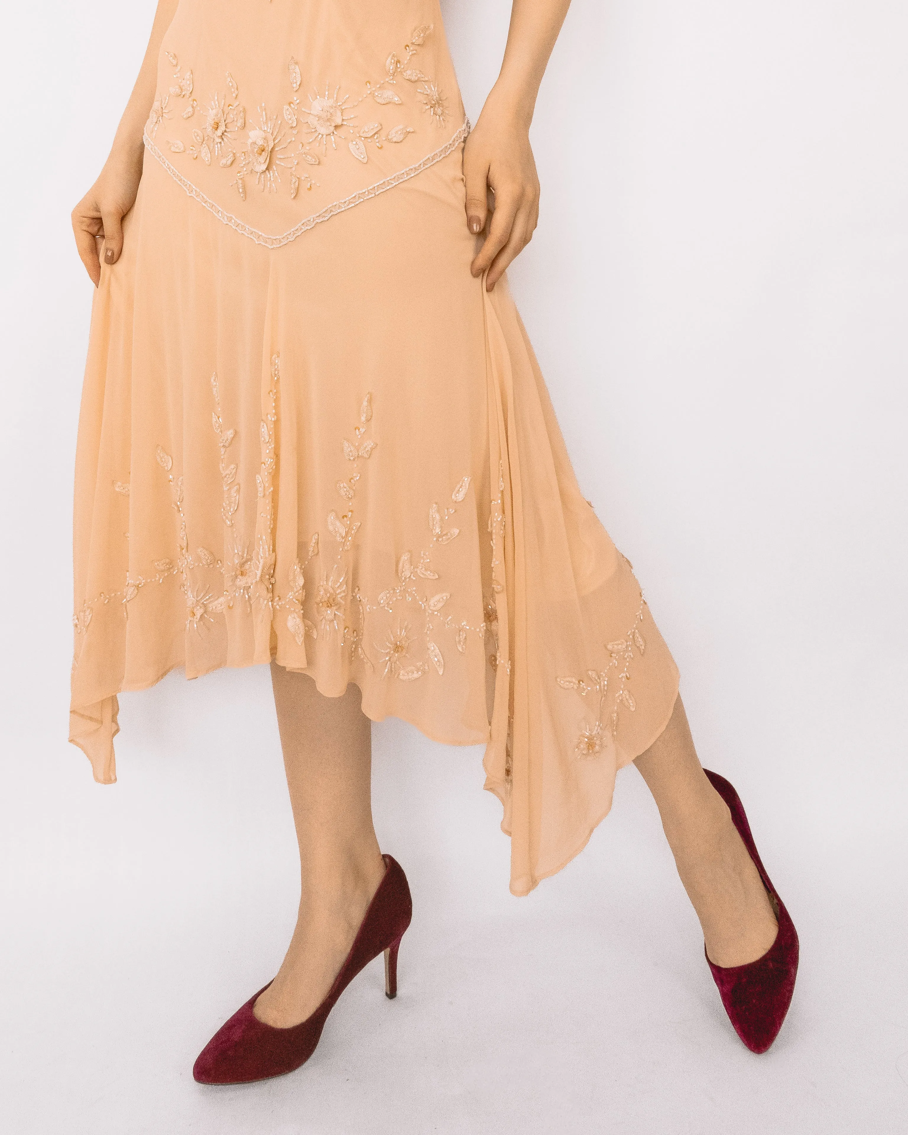 Vintage Beaded Flapper Midi Dress Cream