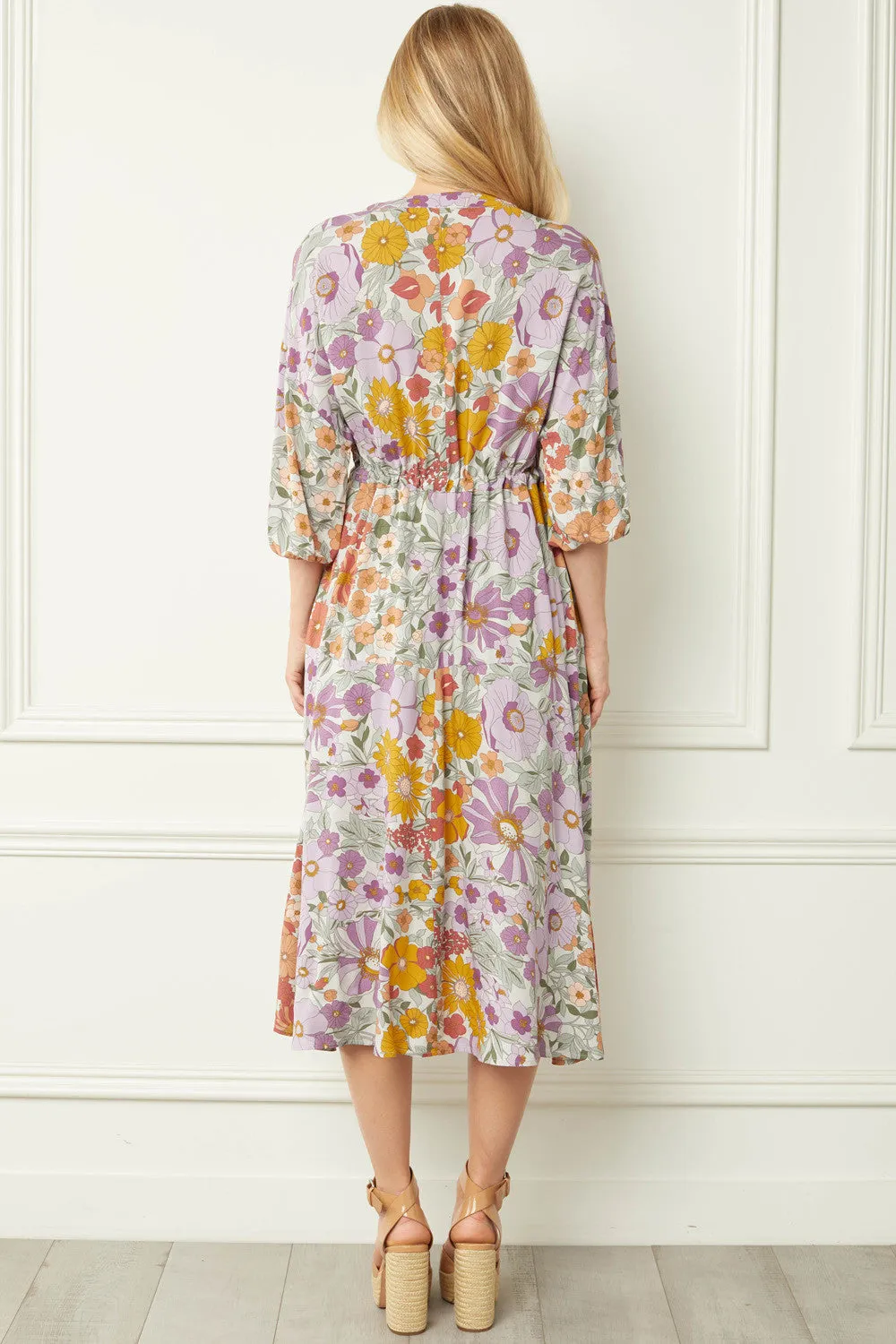 Vintage Floral Midi Dress, Grey