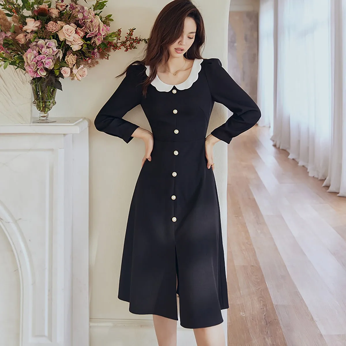 Vintage Pearl Detail Black A-Line Dress