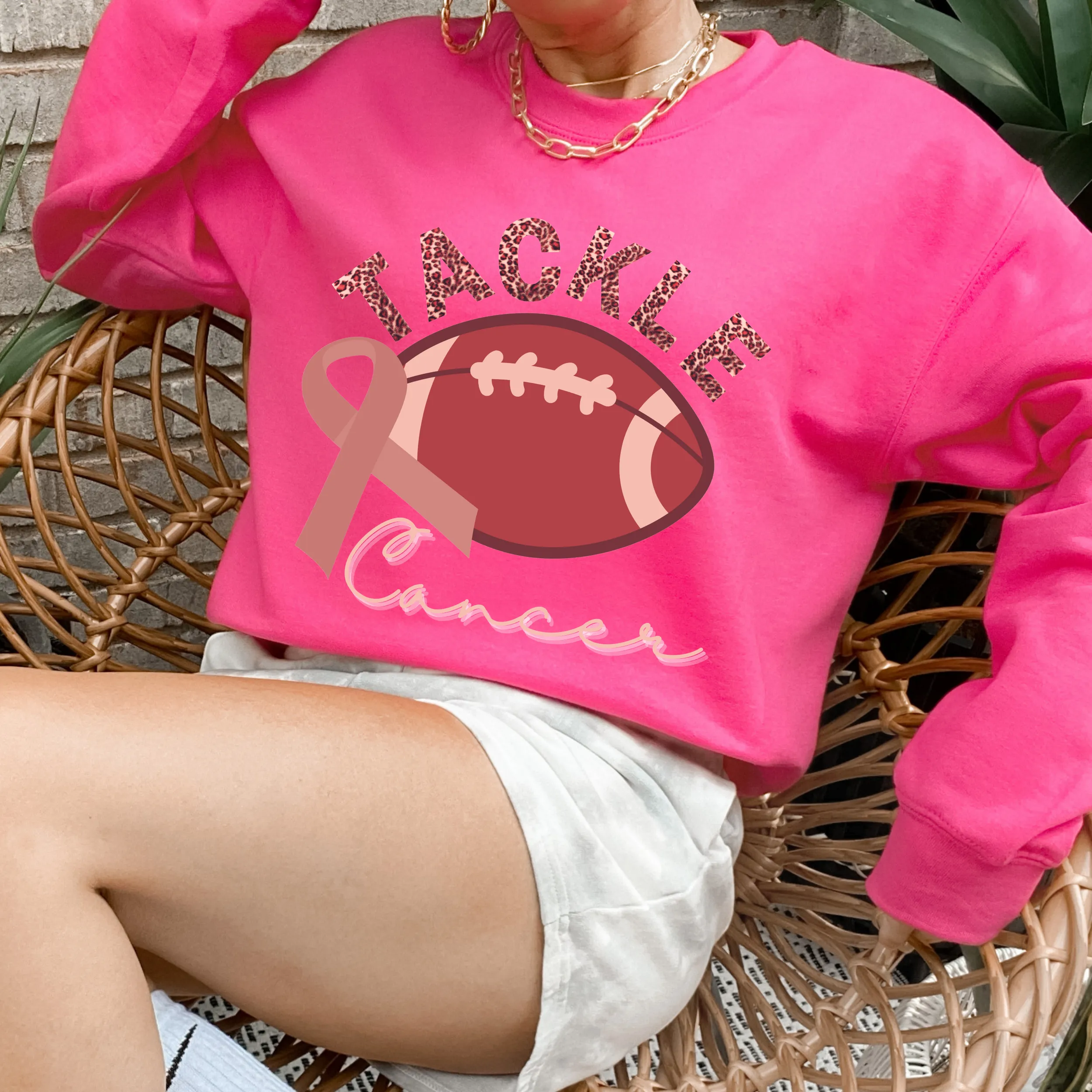 Women's Tackle Cancer Crewneck Sweatshirt Breast Cancer Awareness Fall Cancer Pullover White, Light Pink or Heliconia Colors