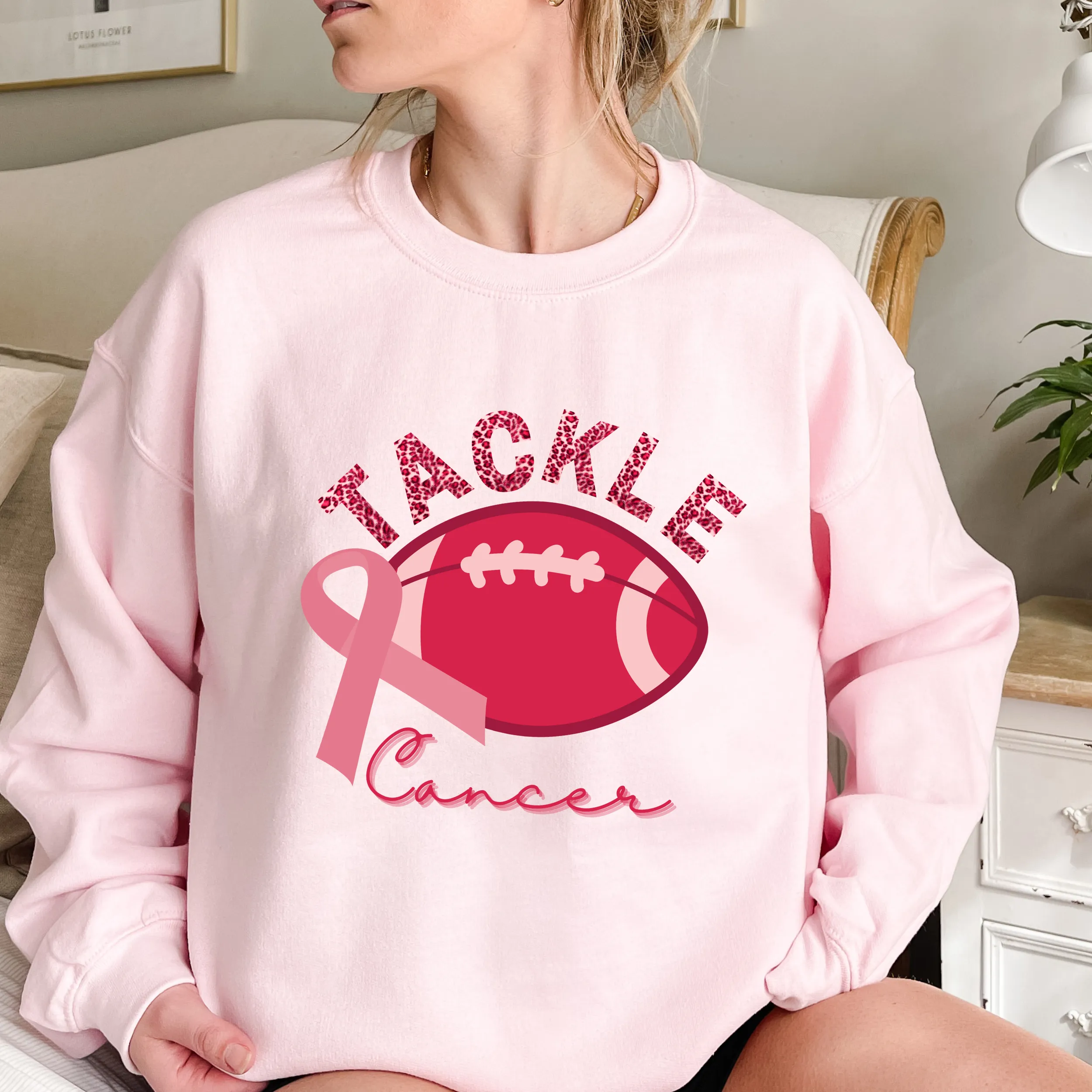 Women's Tackle Cancer Crewneck Sweatshirt Breast Cancer Awareness Fall Cancer Pullover White, Light Pink or Heliconia Colors