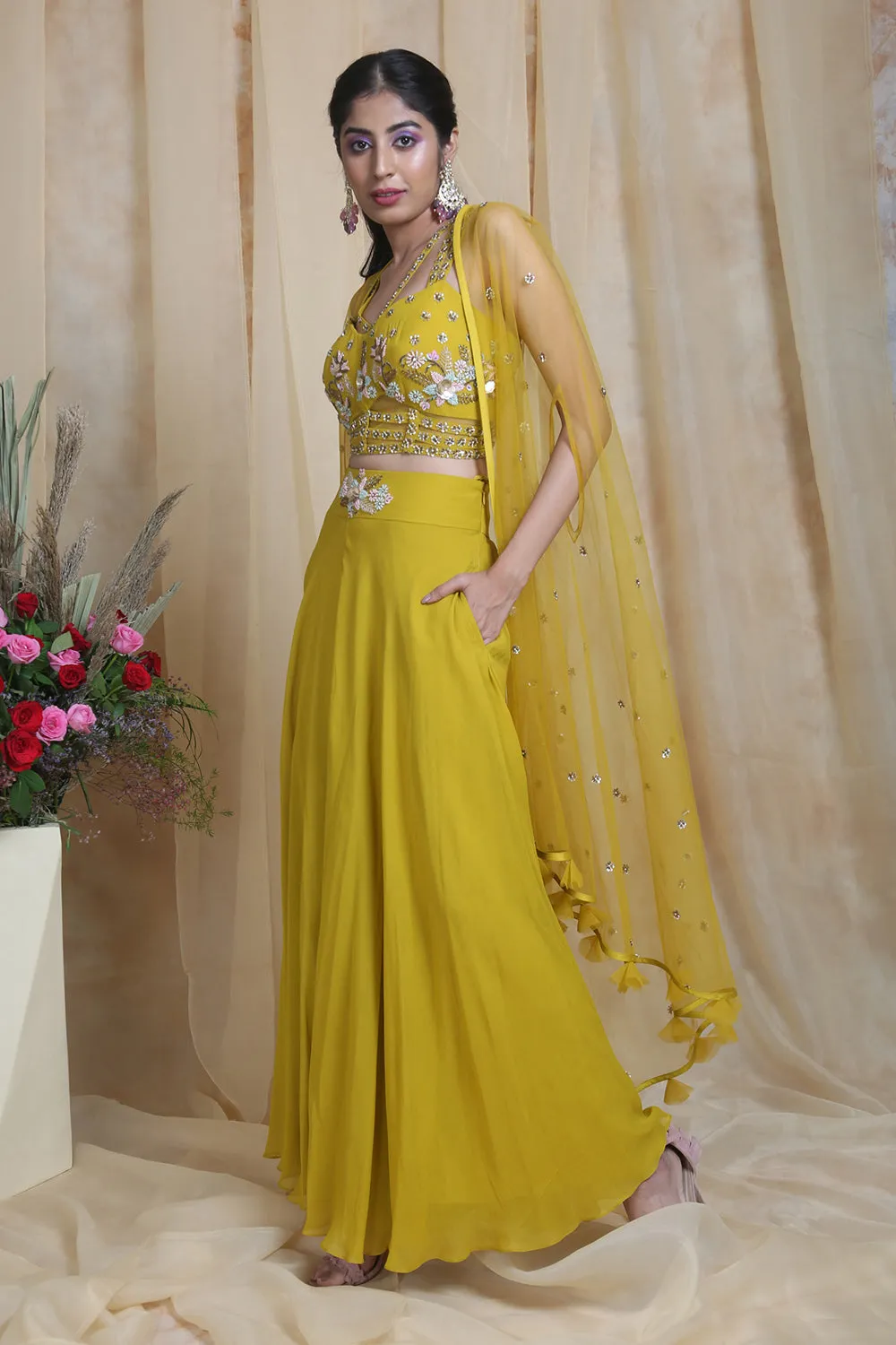 Yellow Corset Cullote Cape Set